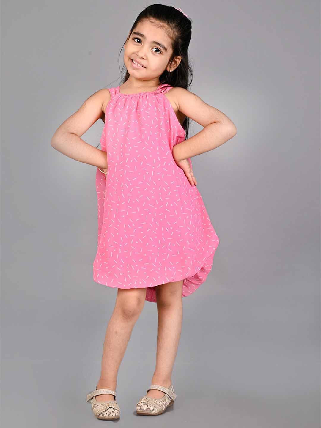 Creative Kids Girls Geometric Printed Shoulder Strap Tie-Up A-Line Dress