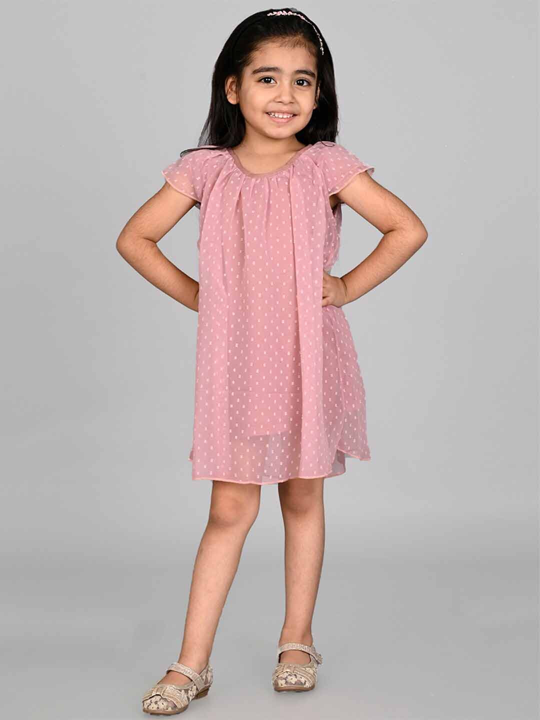 Creative Kids Girls Self Design Cap Sleeves Gathered A-Line Dress