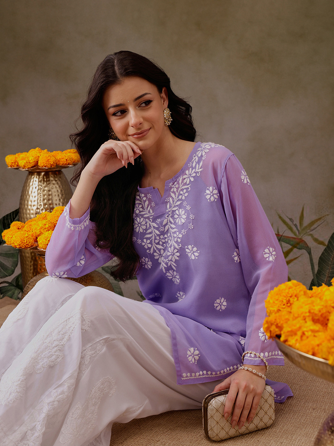 ADA Floral Embroidered Chikankari Kurti with Slip