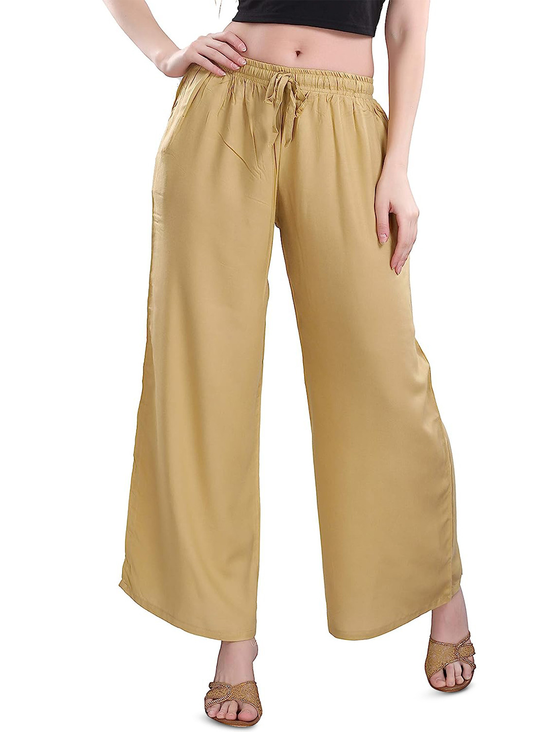 CKE Women Relaxed Wide Leg Straight Fit Cotton Pleated Trousers