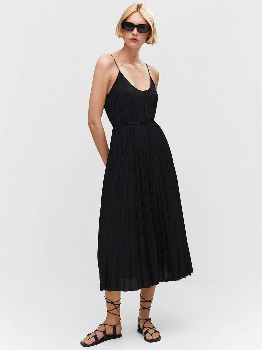 MANGO Accordion Pleated A-Line Midi Dress with Belt