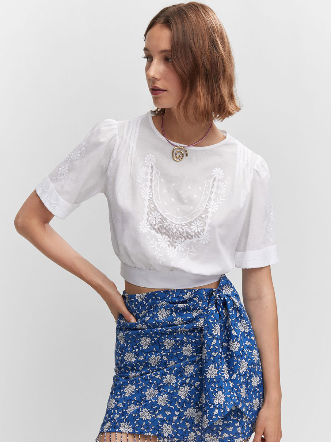 MANGO Floral Embroidered Pure Cotton Blouson Crop Top