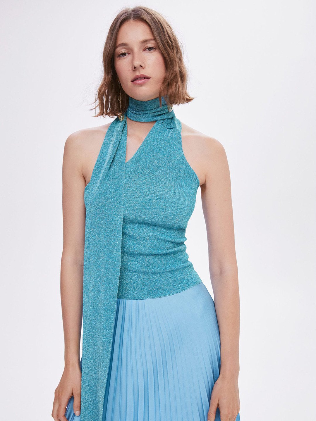 MANGO Knitted Tie-Up Neck Lurex Top