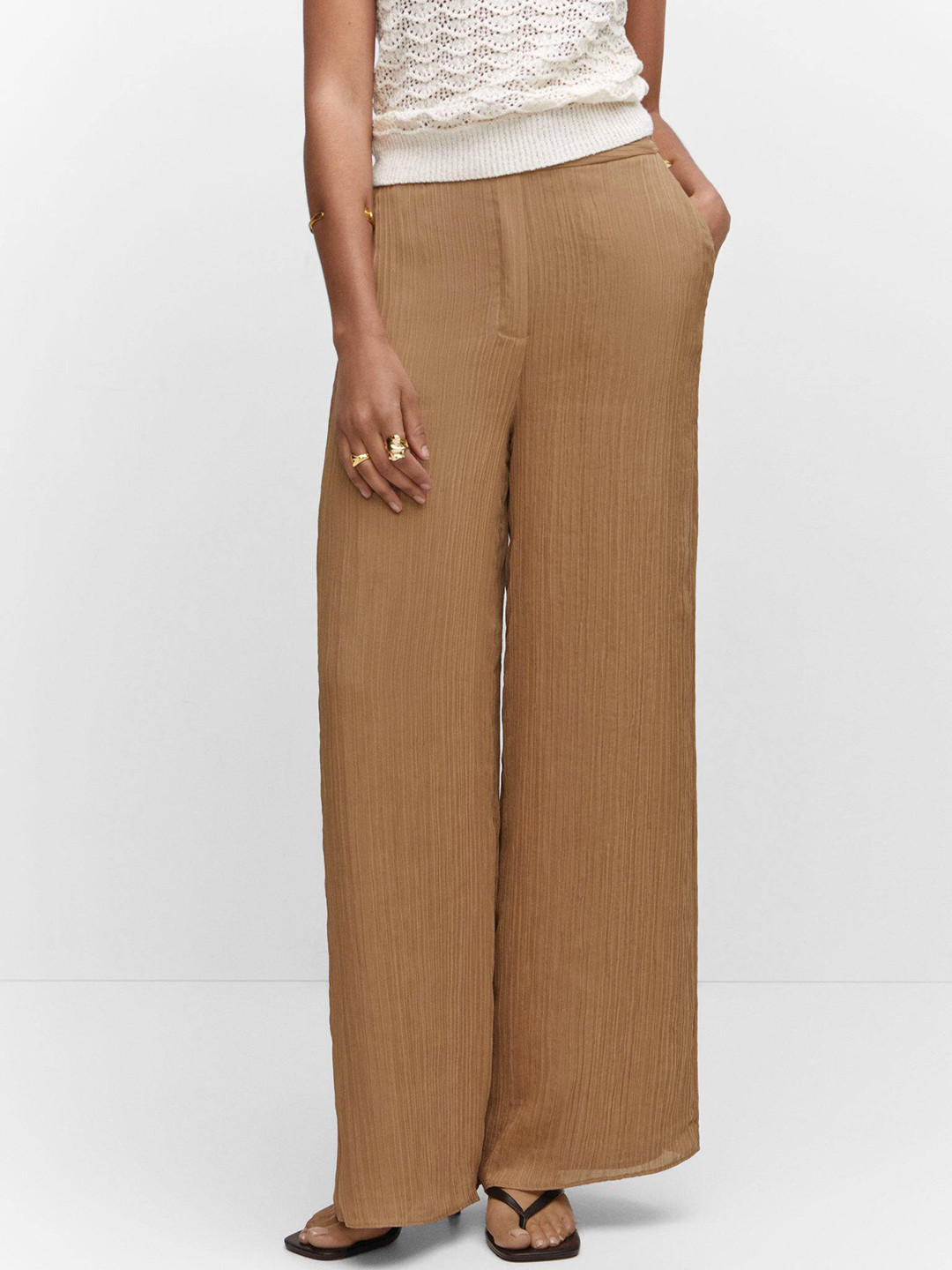 MANGO Women High-Rise Plisse Wide Leg Trousers