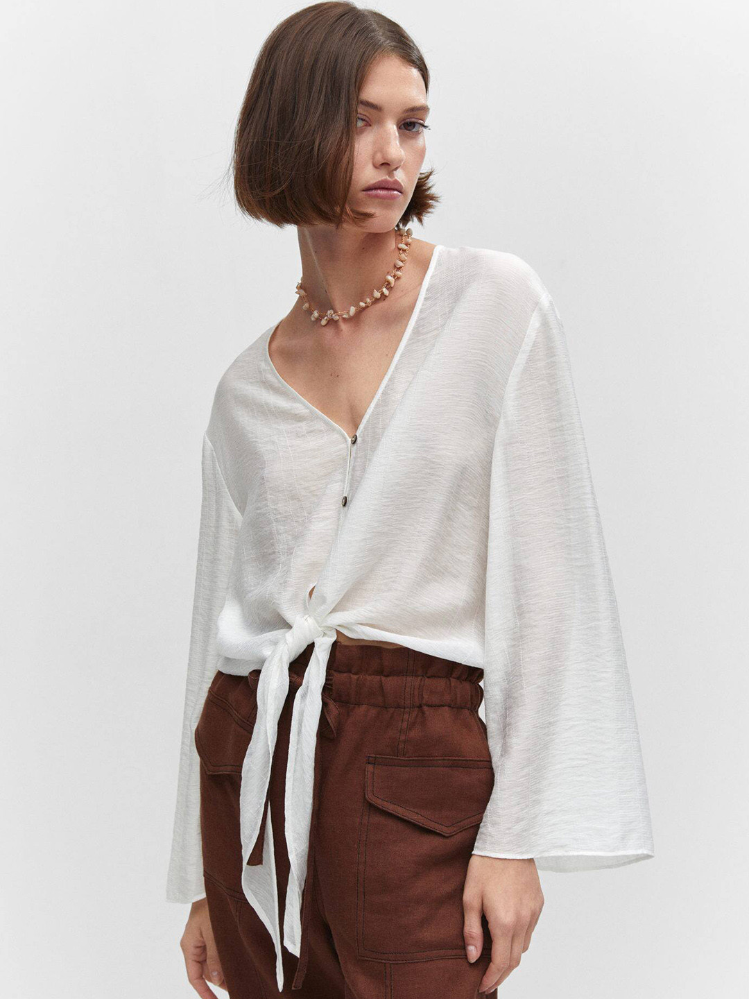 MANGO Flared Sleeves Front Knot Top