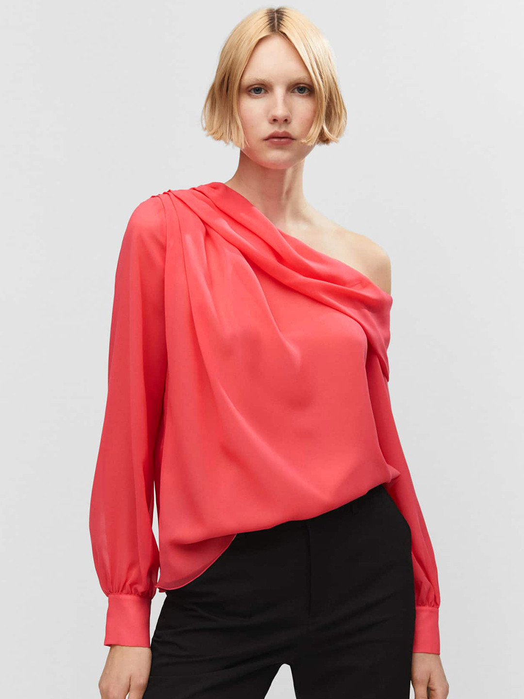 MANGO One Shoulder Puff Sleeves Top