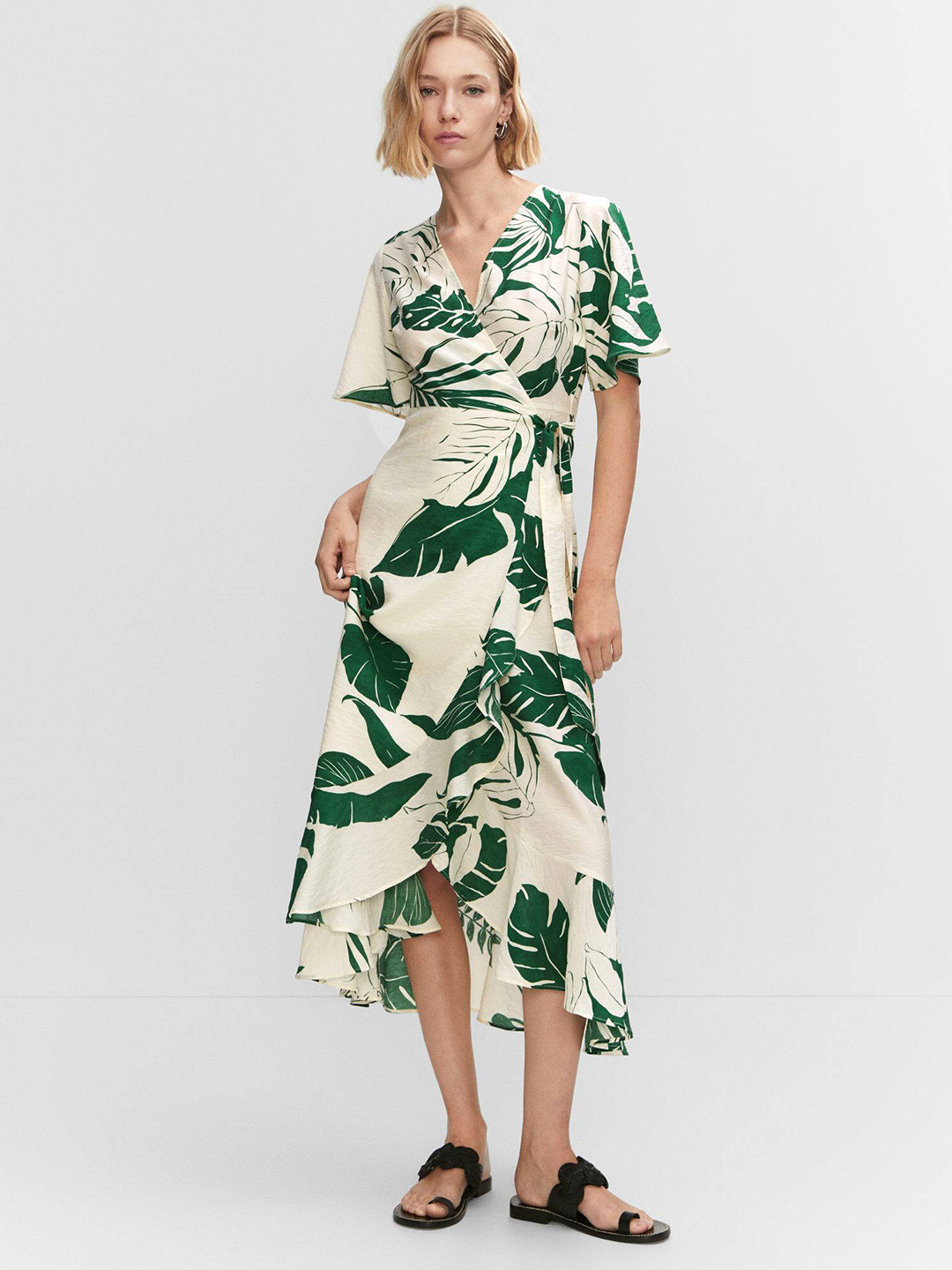 MANGO Tropical Print Ruffled Wrap Midi Dress