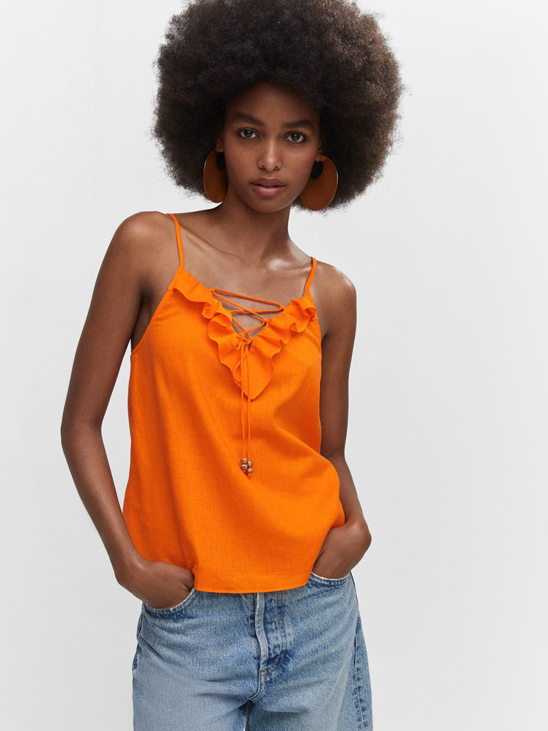 MANGO Satin Finish Shoulder Straps Lace-Up & Ruffles Detail Top