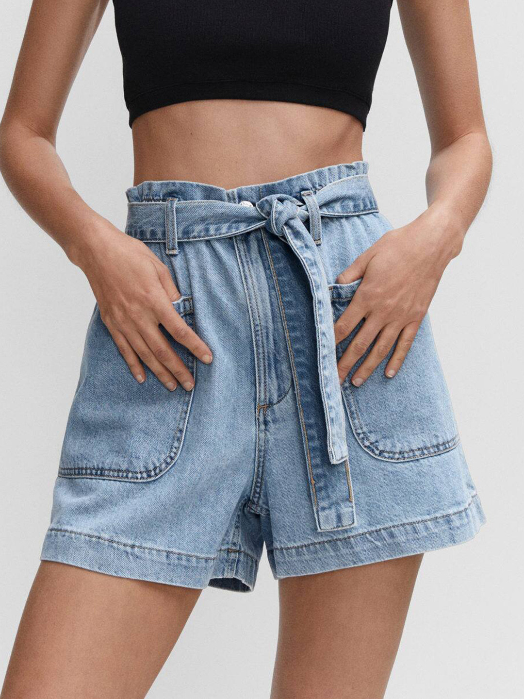 MANGO Women Belted Washed High-Rise Denim Shorts