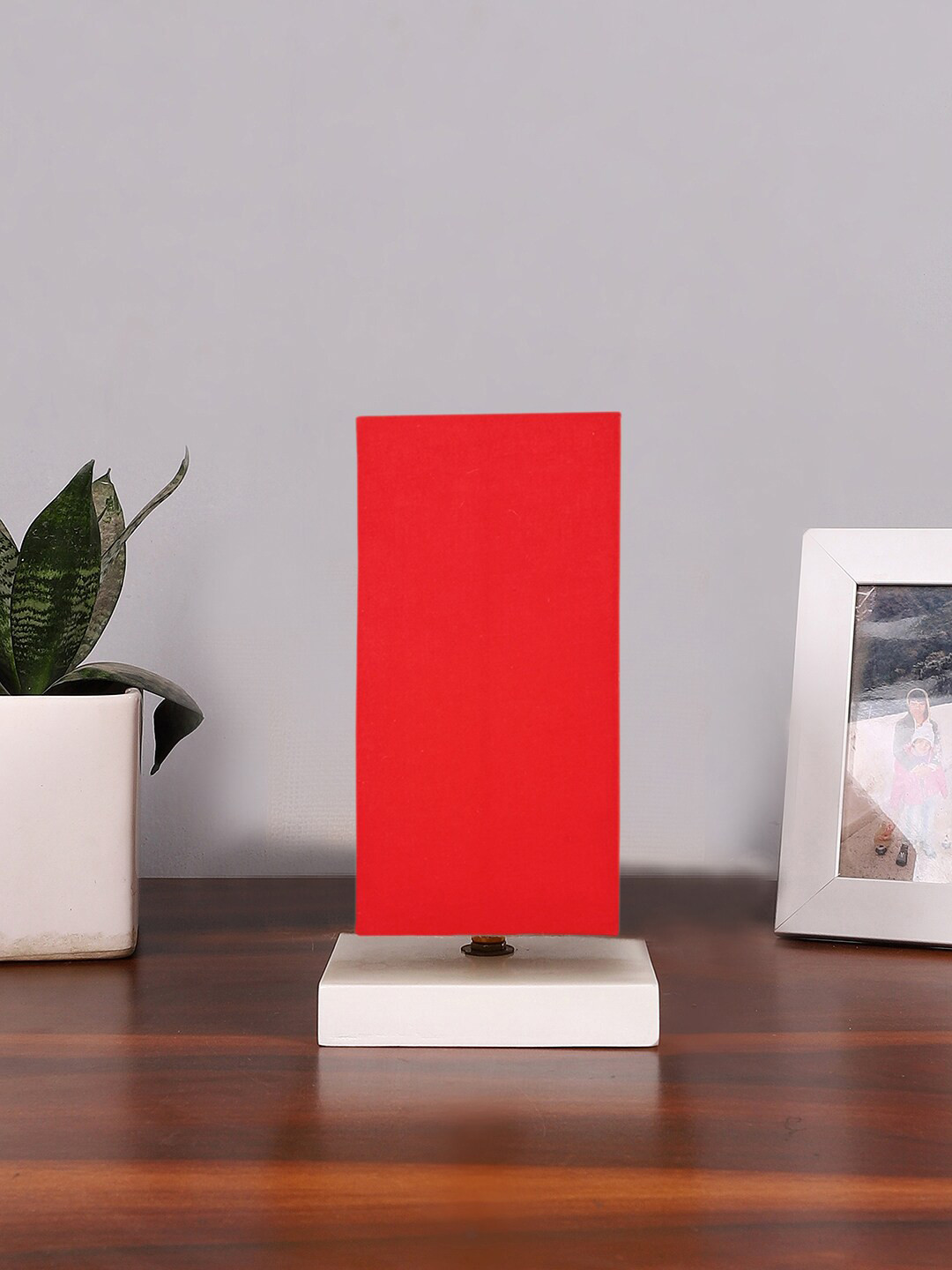 Devansh Red & White Cotton Table Lamp With Wooden Base