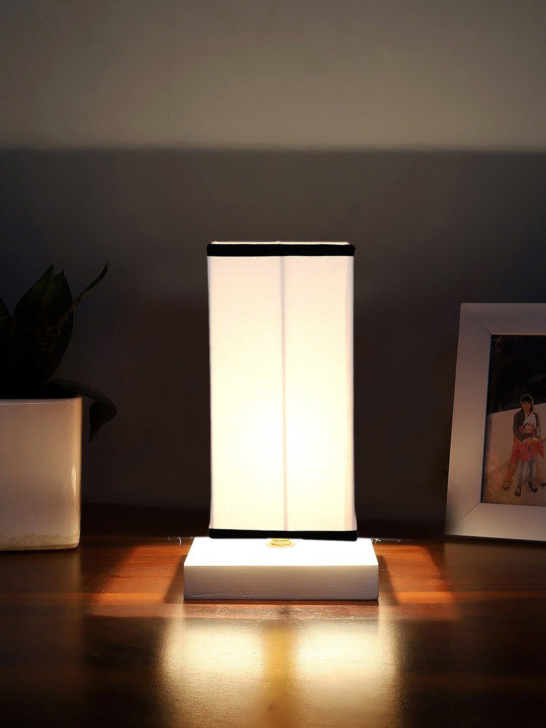 Devansh White & Black Cotton Square Table Lamp With Wood Base