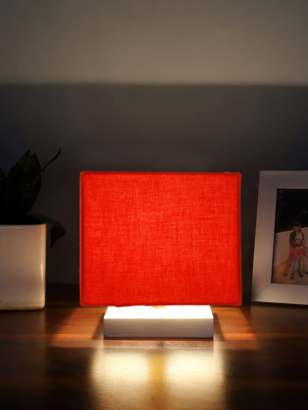 Devansh Orange Cotton Square Table Lamp With Wood Base