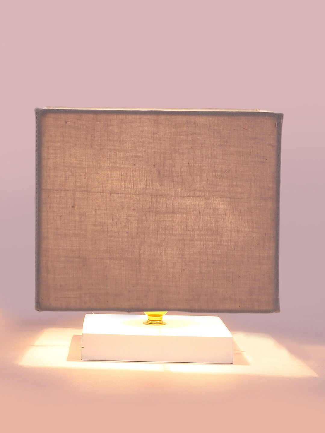 Devansh Grey Cotton Square Table Lamp With Wood Base