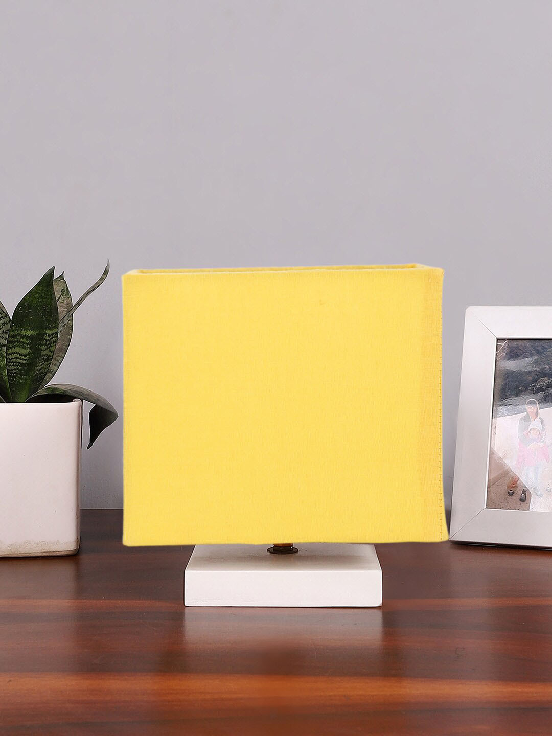 Devansh Yellow Cotton Square Table Lamp With Wood Base