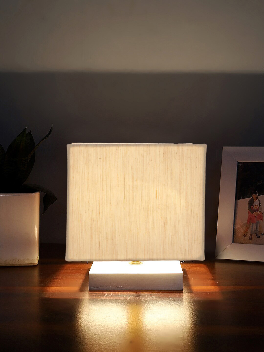 Devansh Off-White Cotton Square Table Lamp With Wood Base