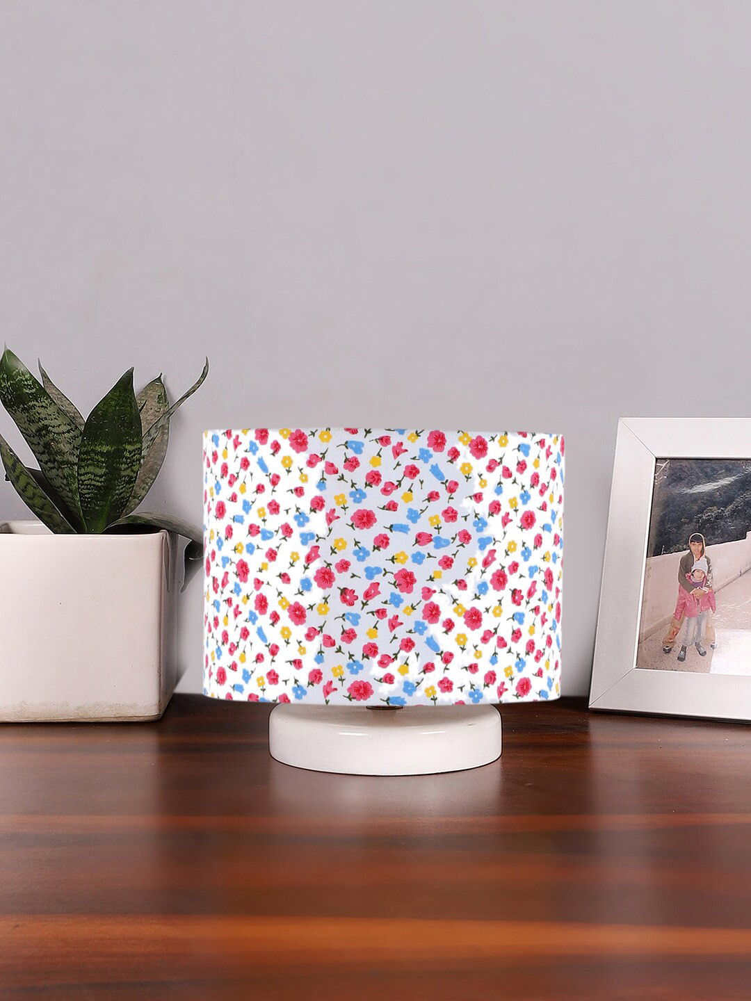 Devansh White & Pink Printed Cotton Table Lamp With Wood Base