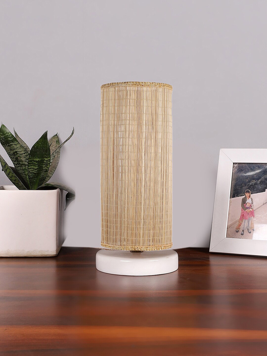 Devansh Beige Textured Round Bamboo Table Lamp With Wood Base
