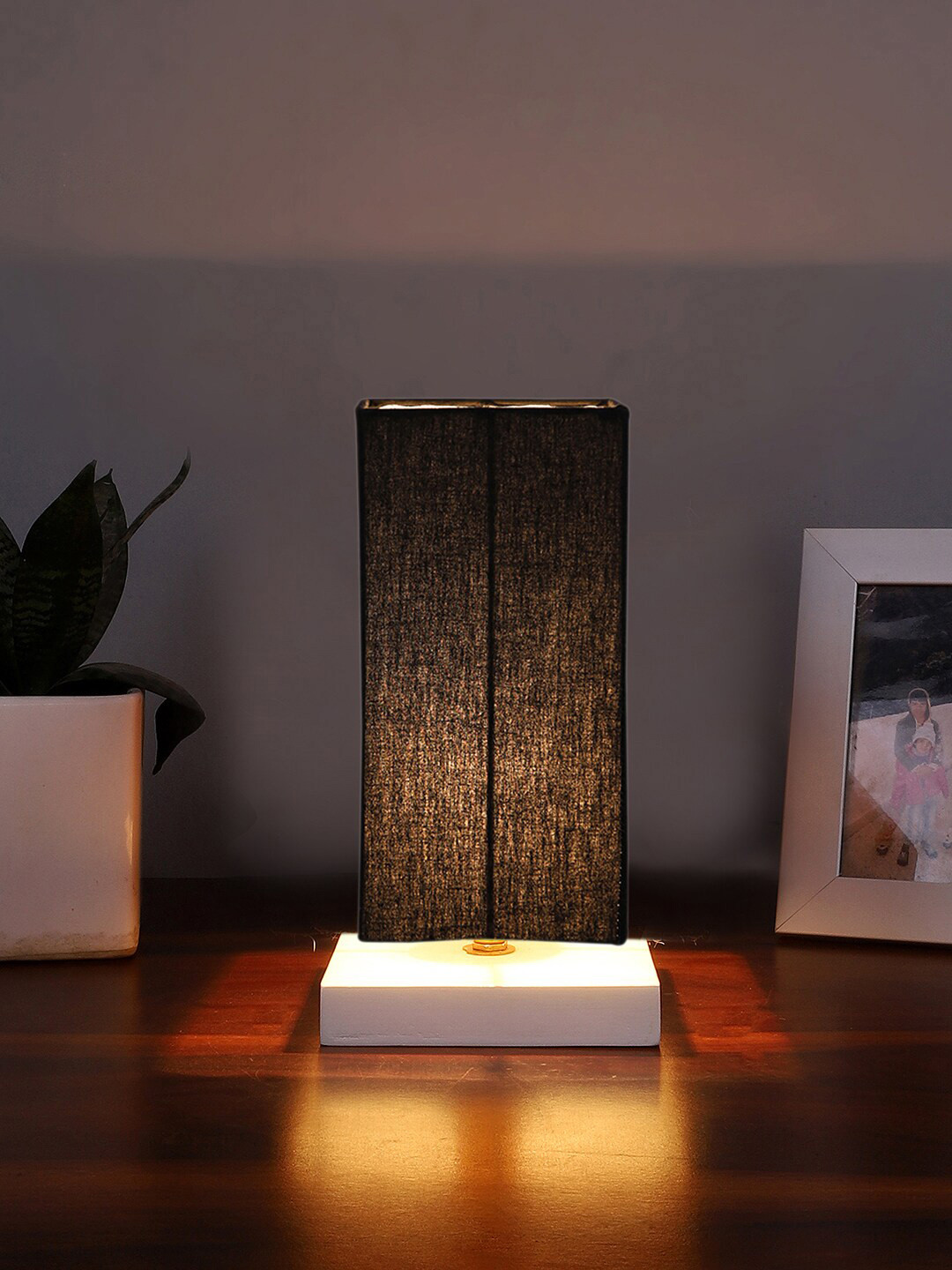 Devansh Black & White Square Wooden Table Lamp