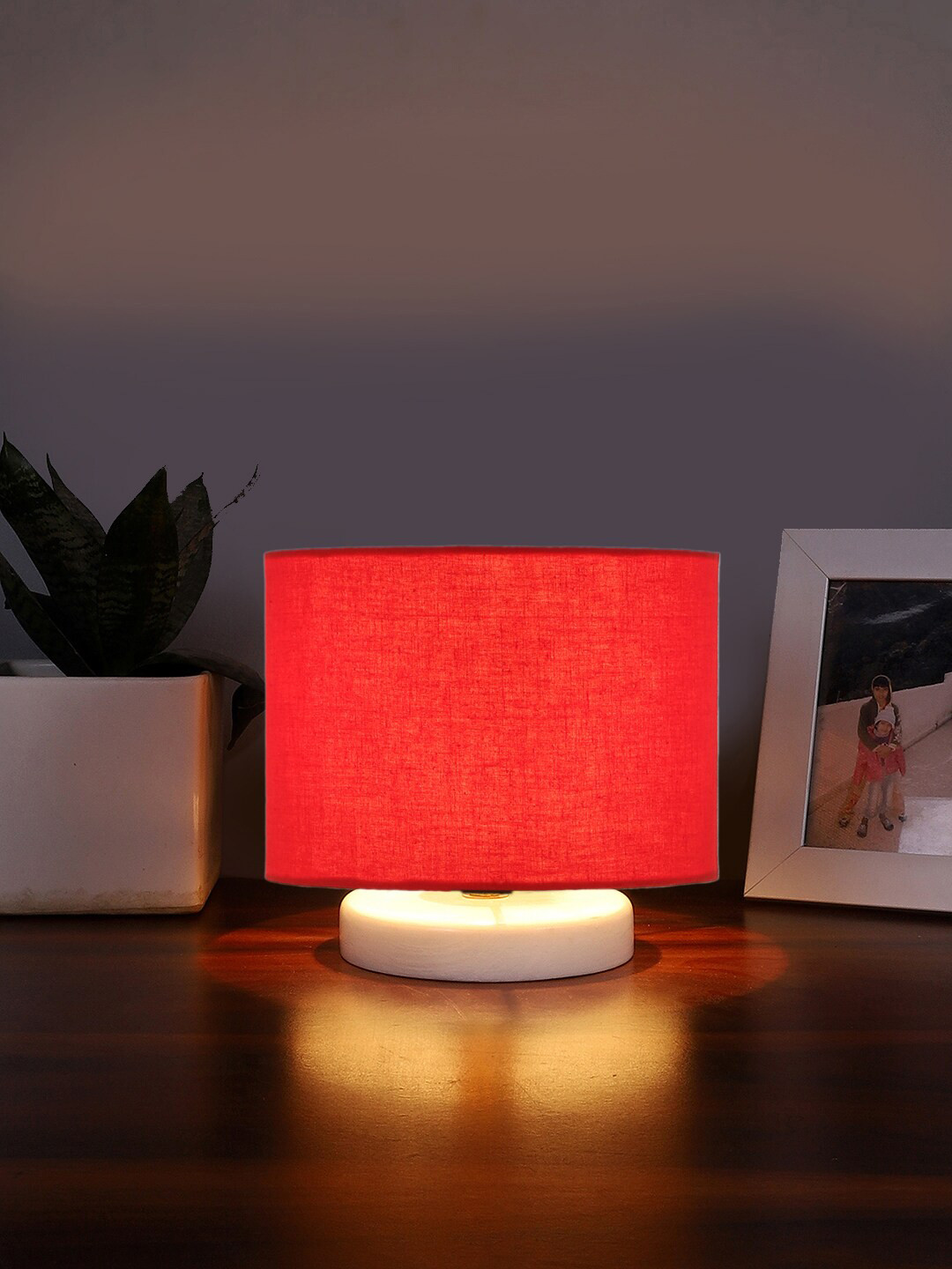 Devansh Red Cotton Table Lamp With Wooden Base