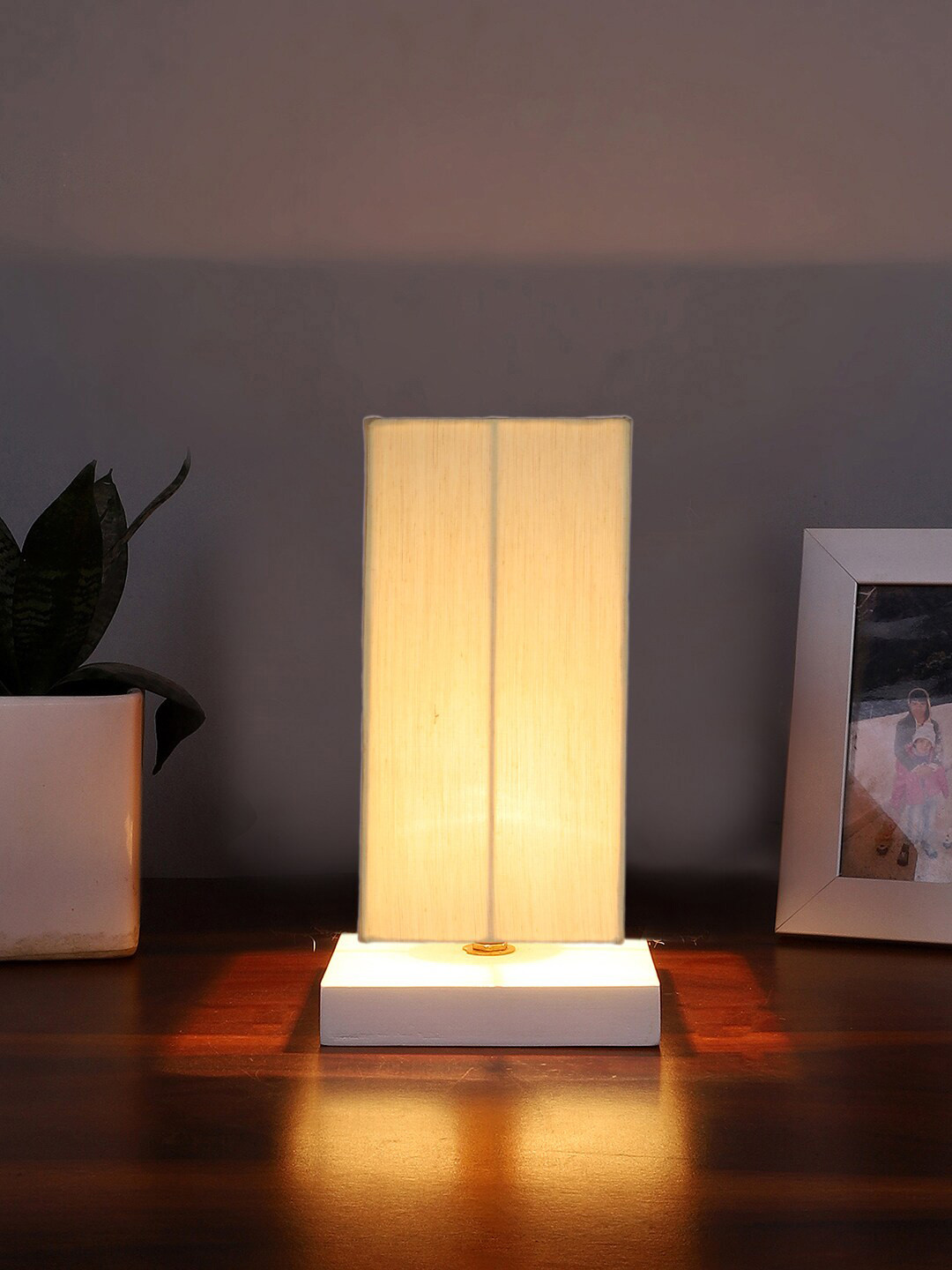 Devansh White & Beige Rectangle Wooden Table Lamp