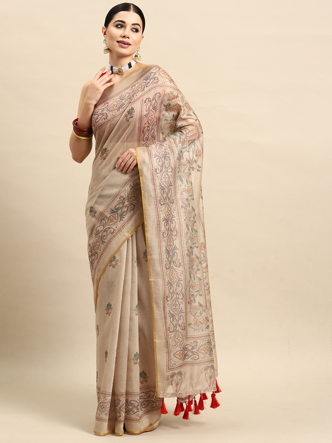 Silk Land Kalamkari  Chanderi Cotton Digital Print Saree with Tasselled