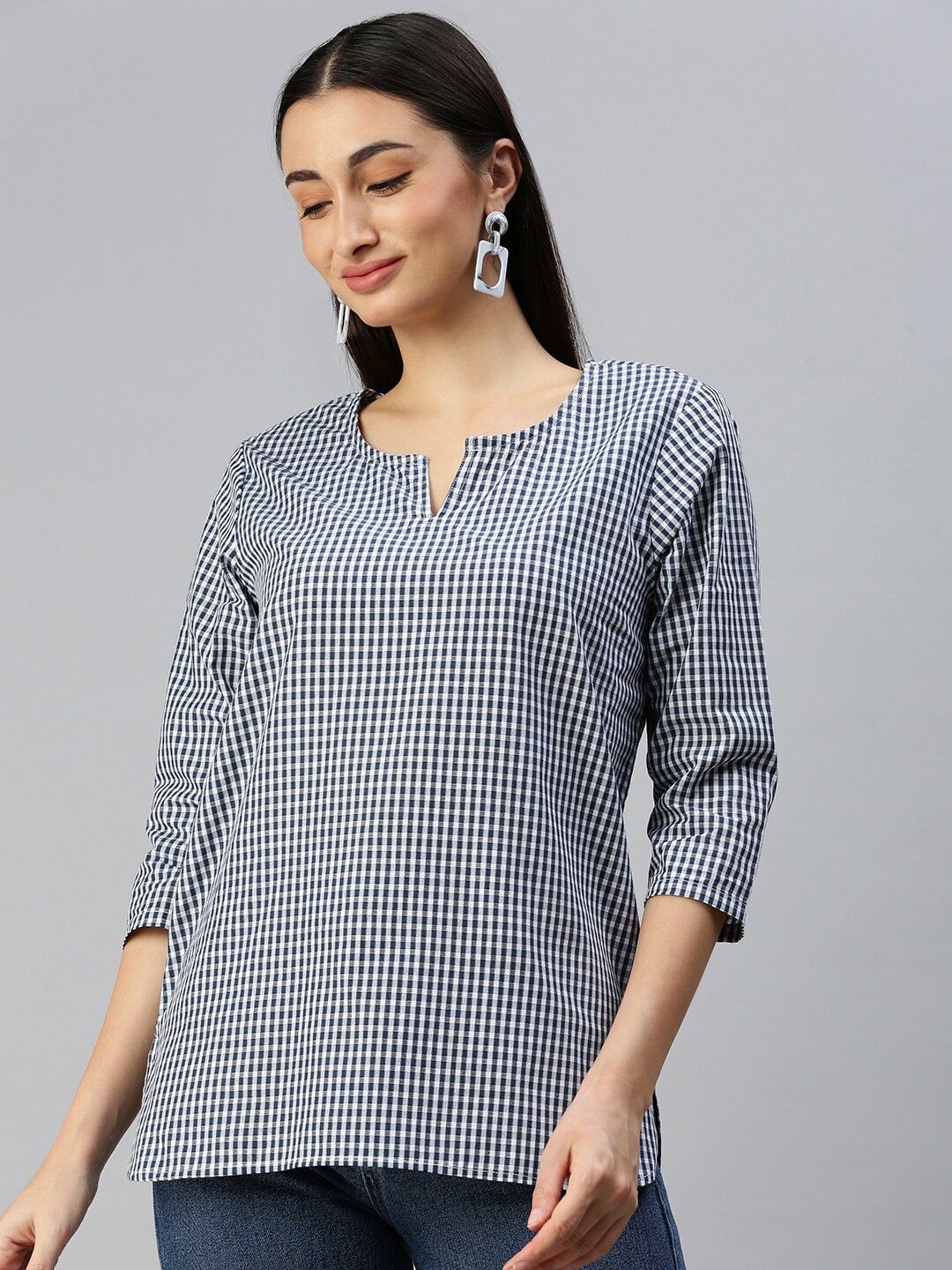 Bareblow Gingham Checked Notched Neck Cotton Top