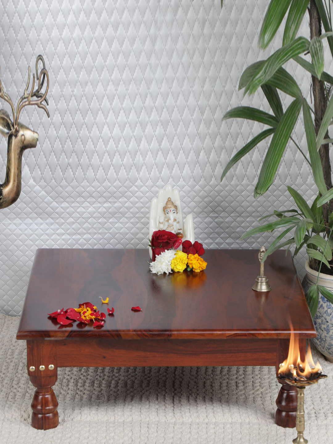 GLOBALLY INDIAN Brown Square Wooden Pooja Chowkie