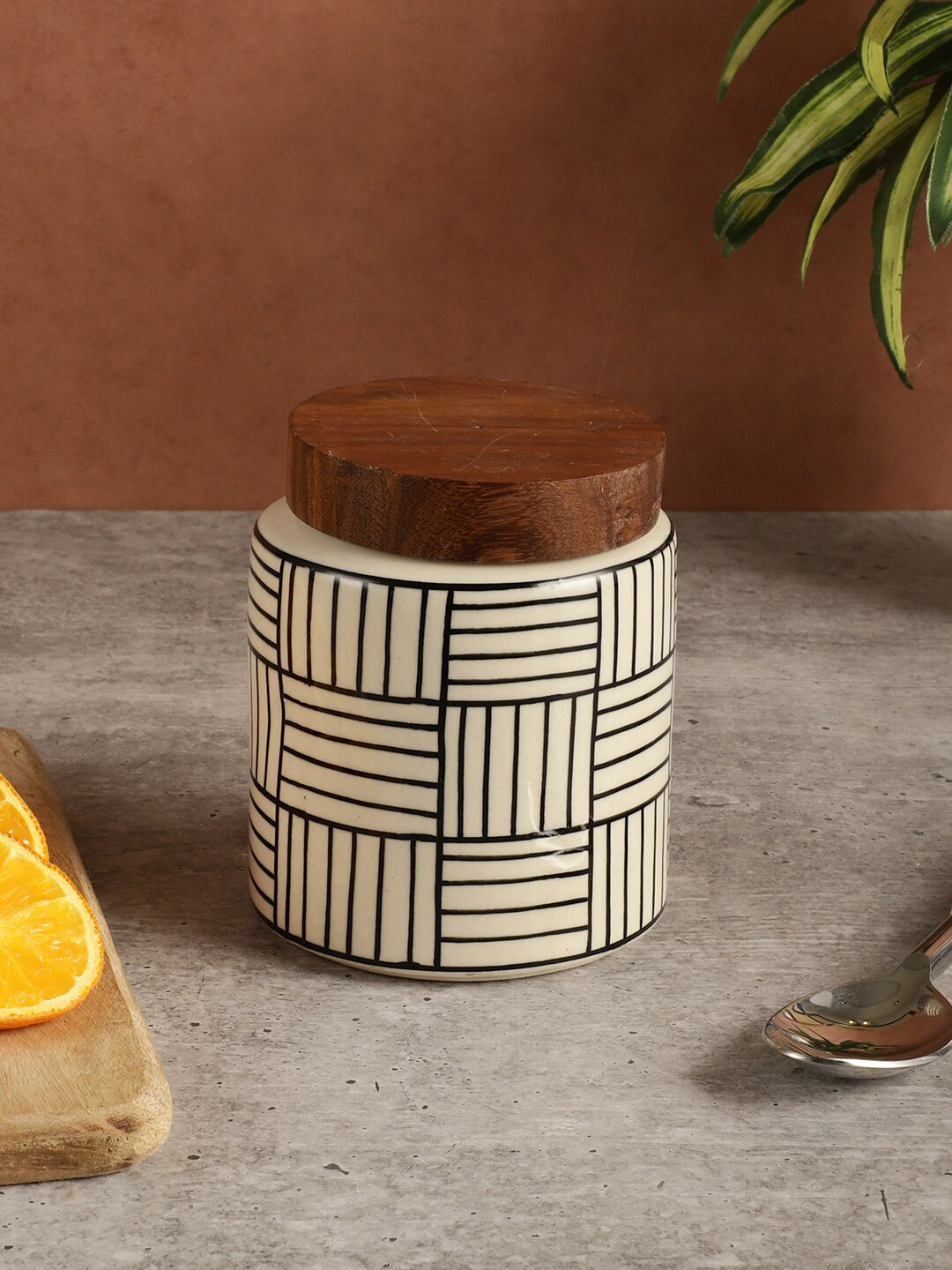Miah Decor off White Checkered Ceramic Hand-Painted Clip-On Jar-700ml