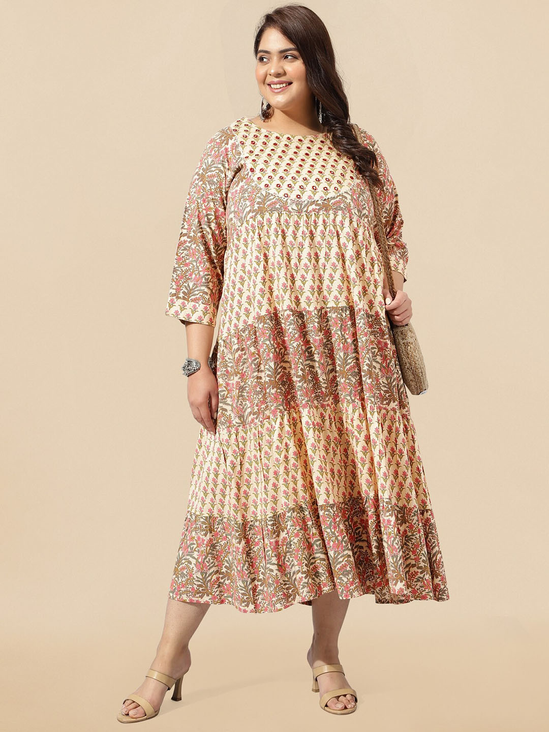 MIRCHI FASHION Cream Plus Size Floral Printed Embroidered Tiered Empire Ethnic Dress