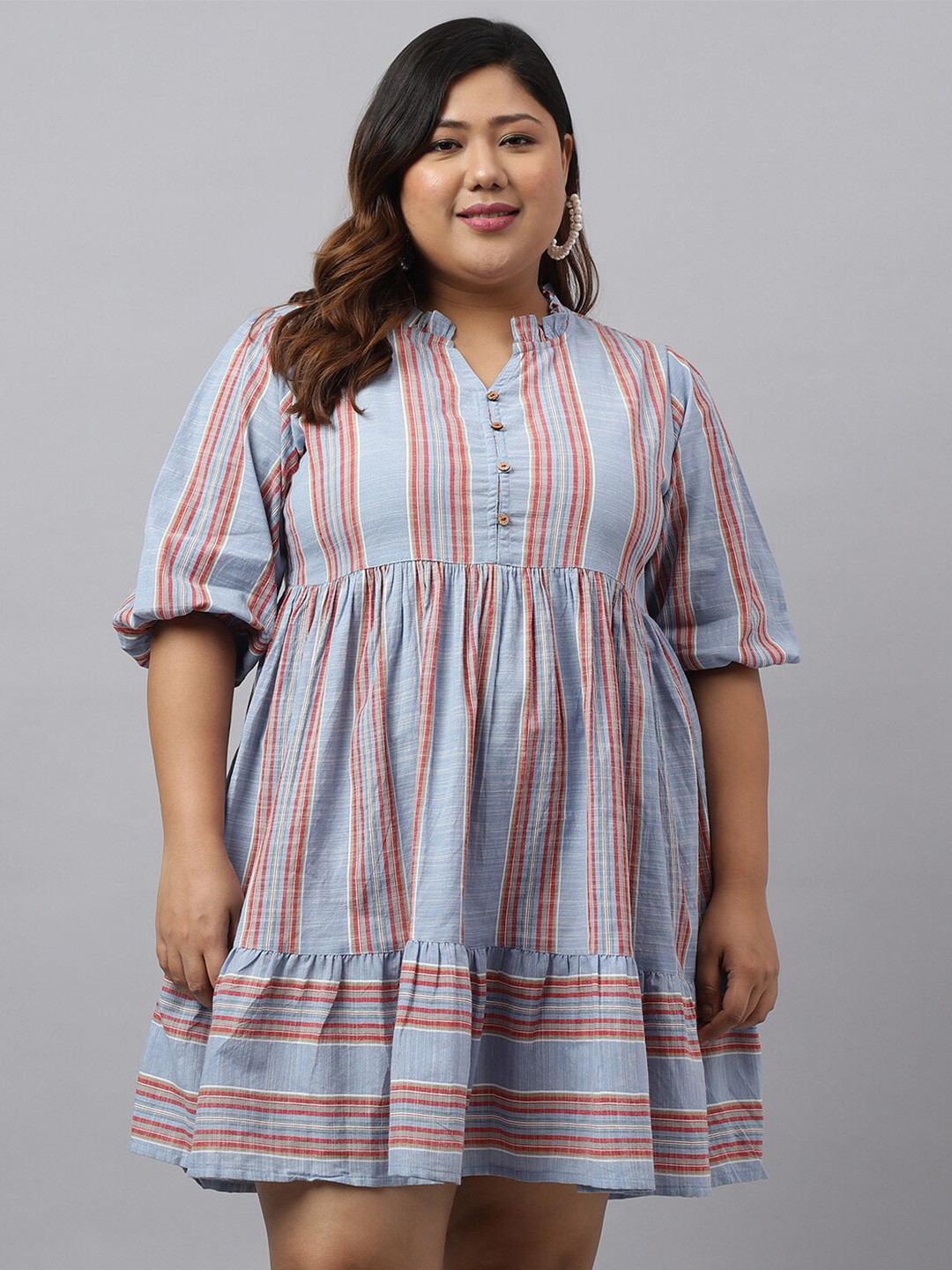 Janasya Plus Size Striped Cotton Fit & Flared Dress