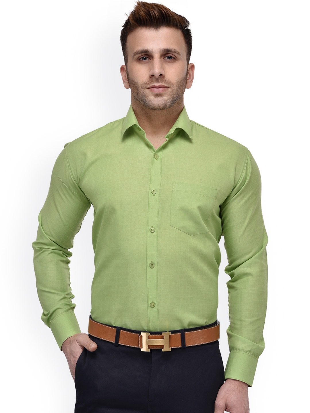 Buy Hangup Men Green Regular Fit Solid Formal Shirt Shirts for