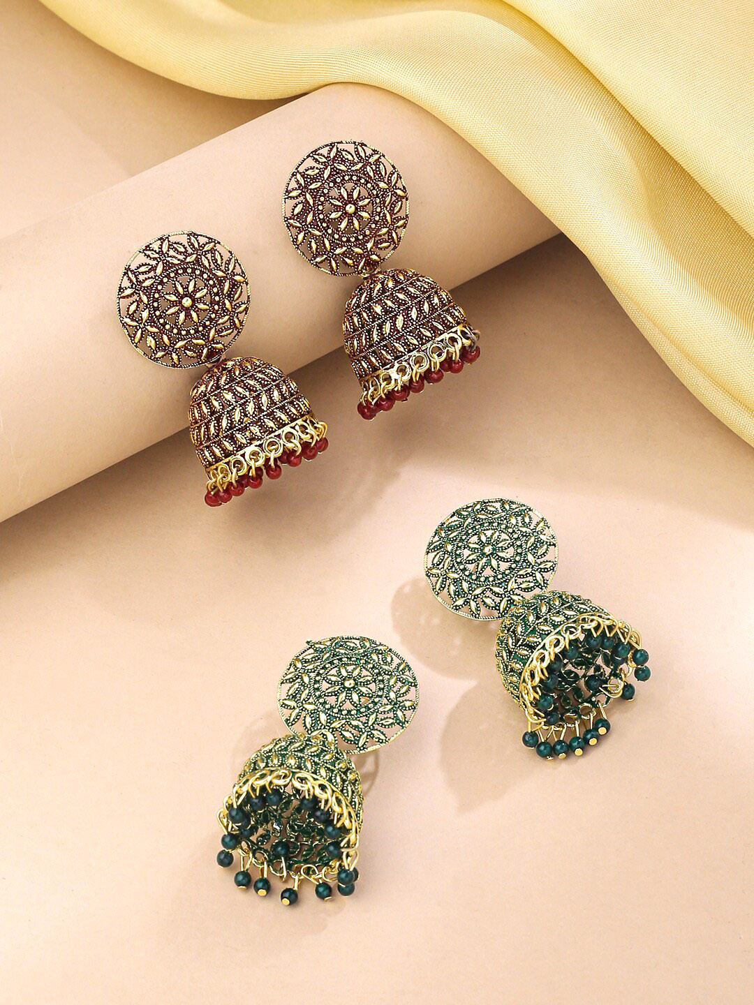 Yellow Chimes Multicoloured Set Of 2 Contemporary Jhumkas Gold Plated Earrings