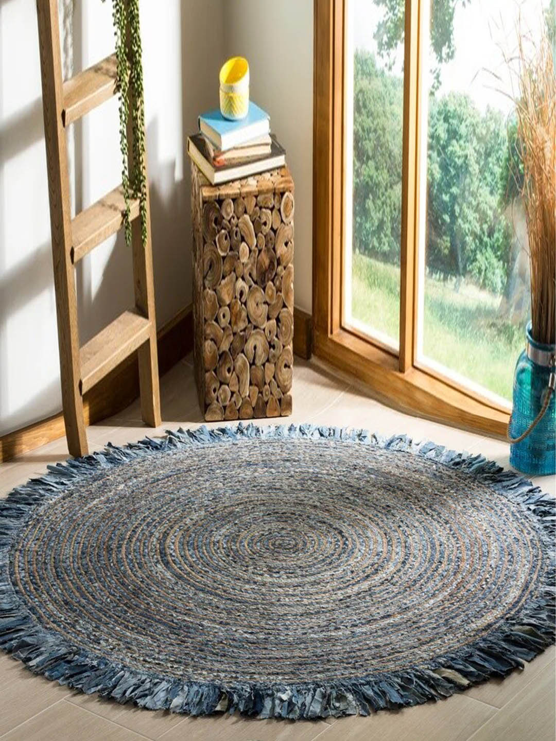 Art Avenue Abhay Blue Round Denim Jute Rug