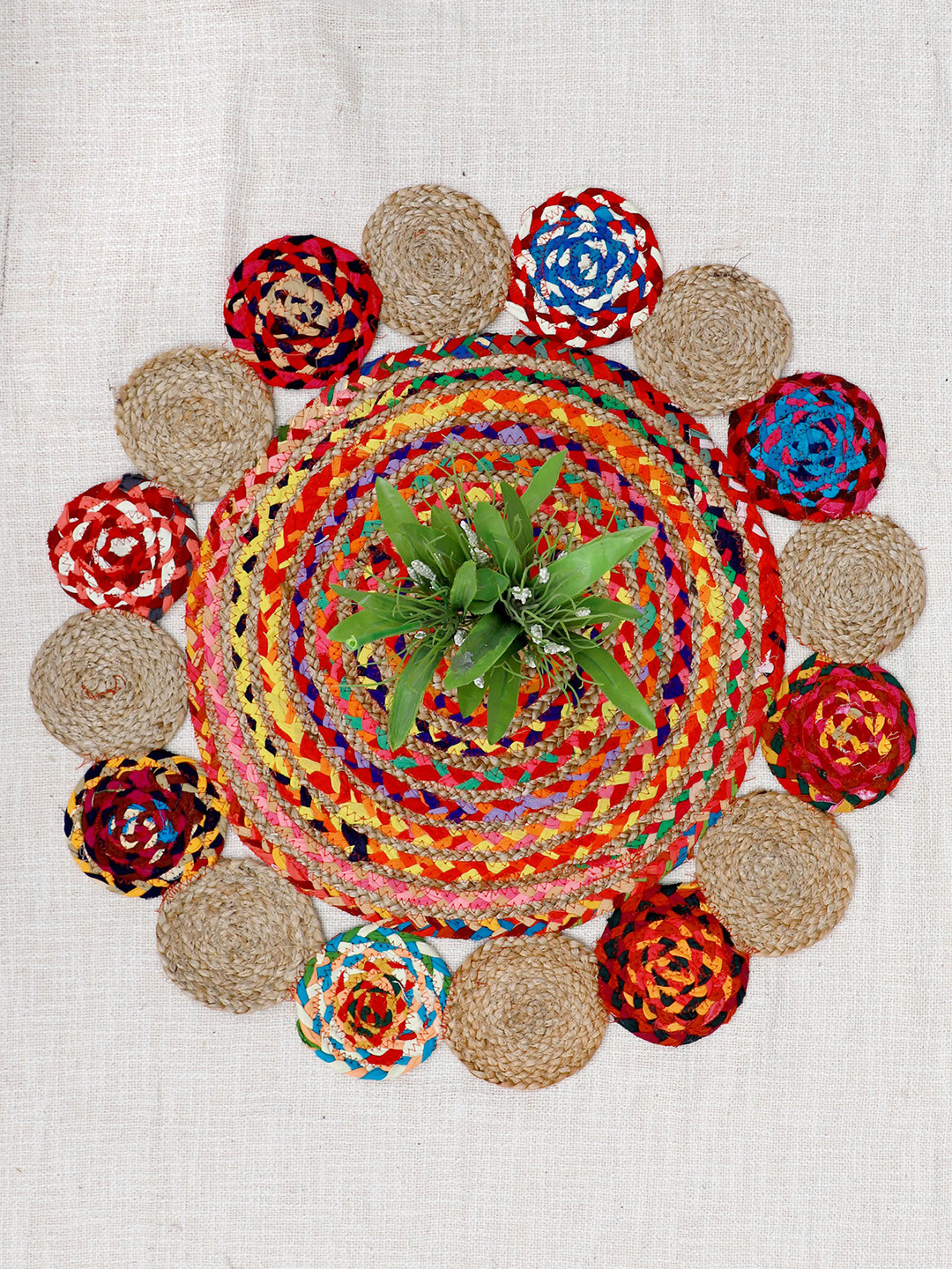 Art Avenue Double Beige & Red Braided Round Jute Rug