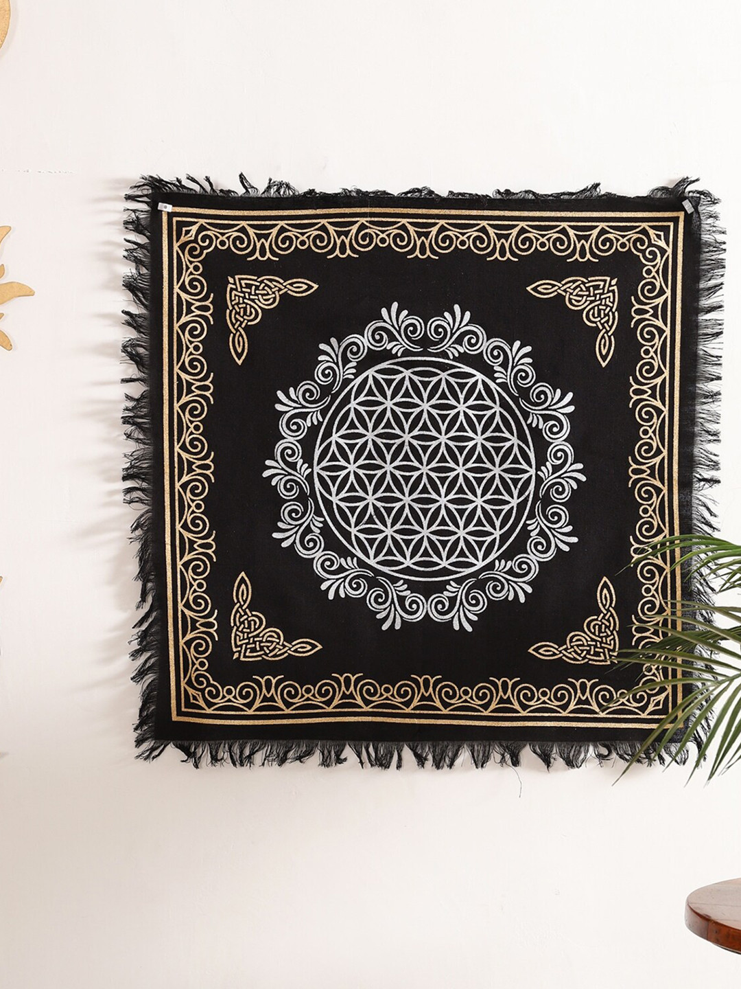 HANDICRAFT PALACE Black & Beige Flower Of Life Tarot Printed Cotton Poster Wall Tapestry