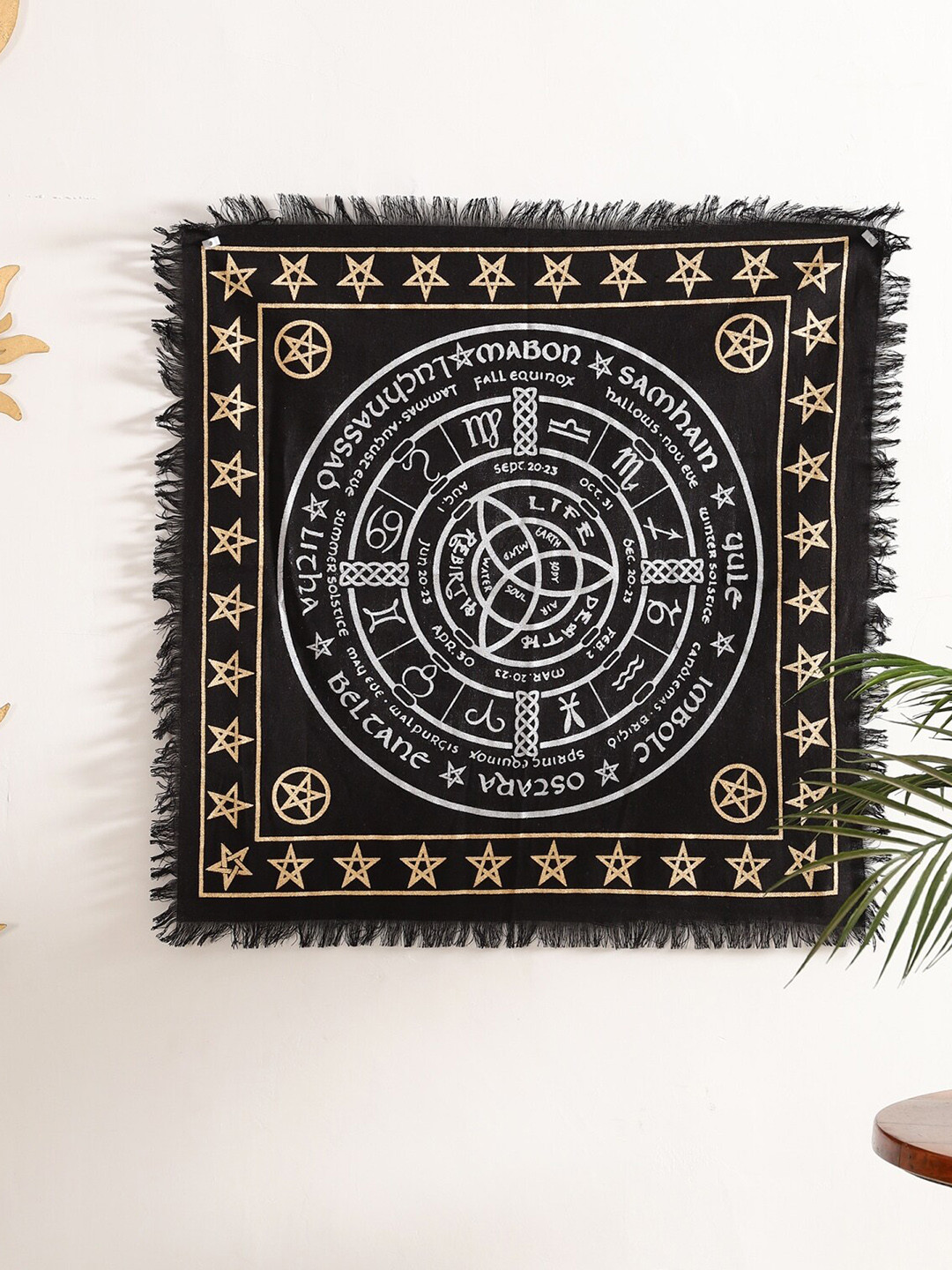 HANDICRAFT PALACE Black & Beige Pagan Wheel Tarot Printed Cotton Poster Wall Tapestry
