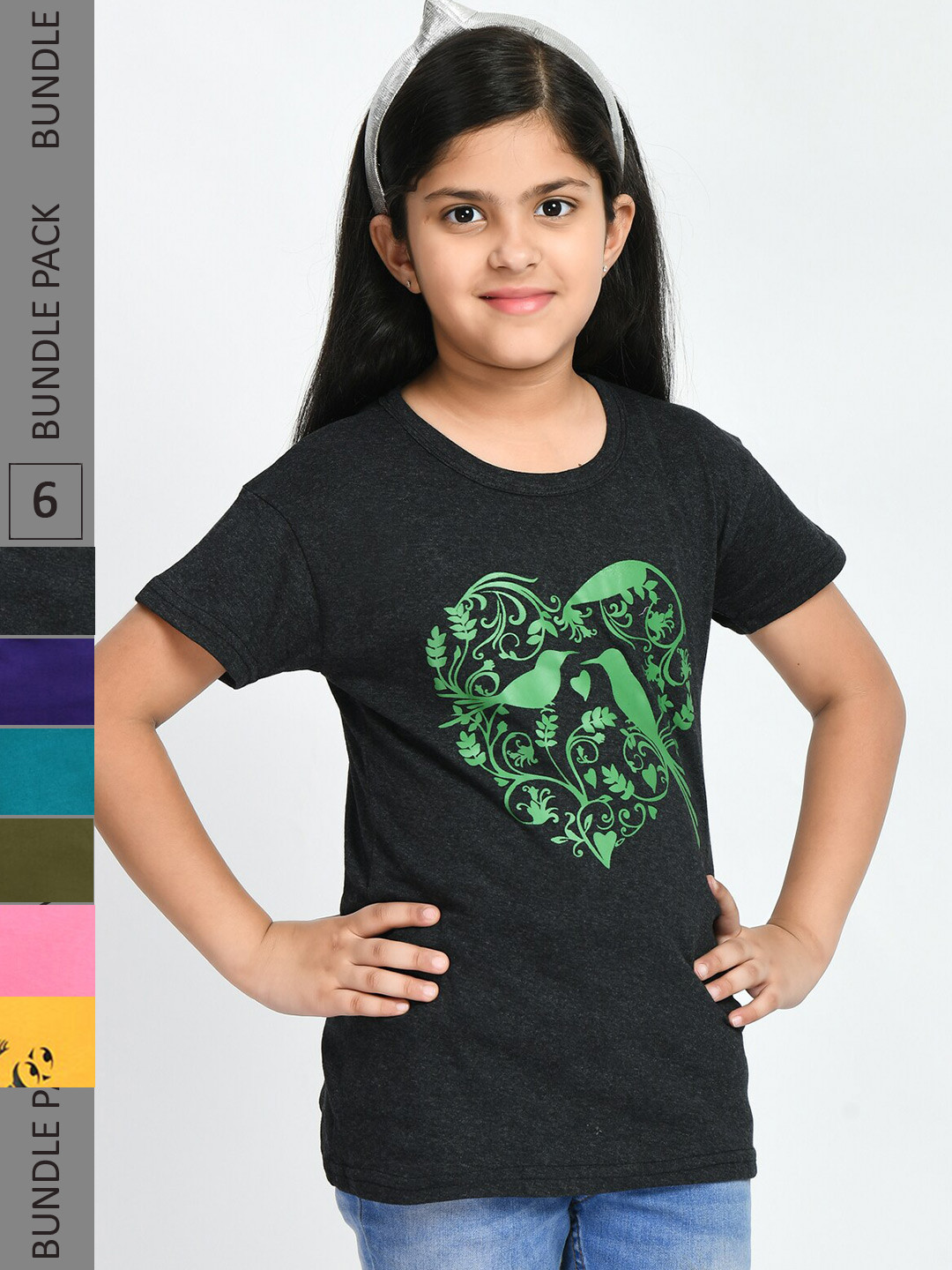 BAESD Girls Pack Of 6 Printed Round Neck Cotton T-shirts