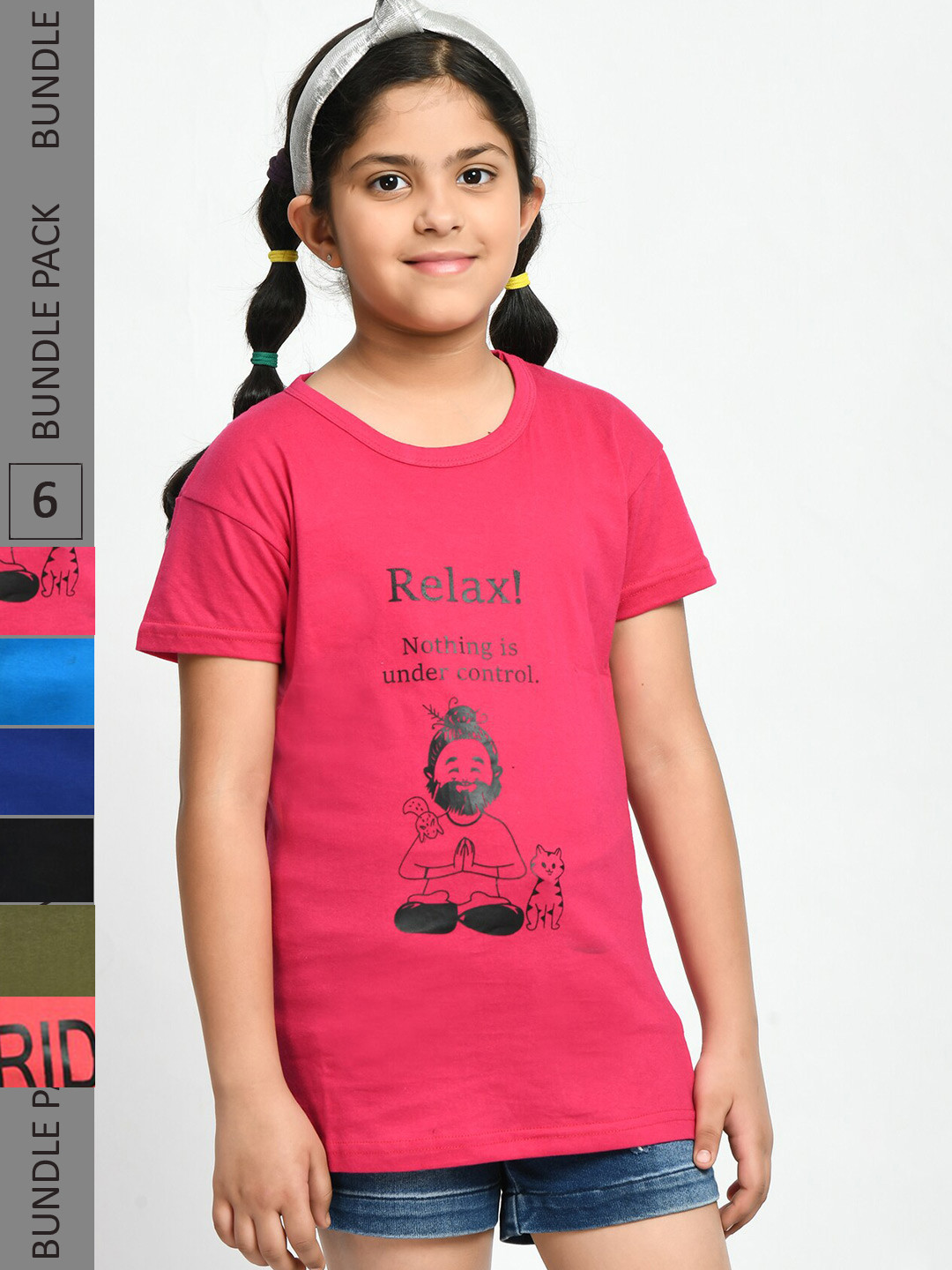 BAESD Girls Pack Of 6 Typography Printed Regular Fit Cotton Tshirt
