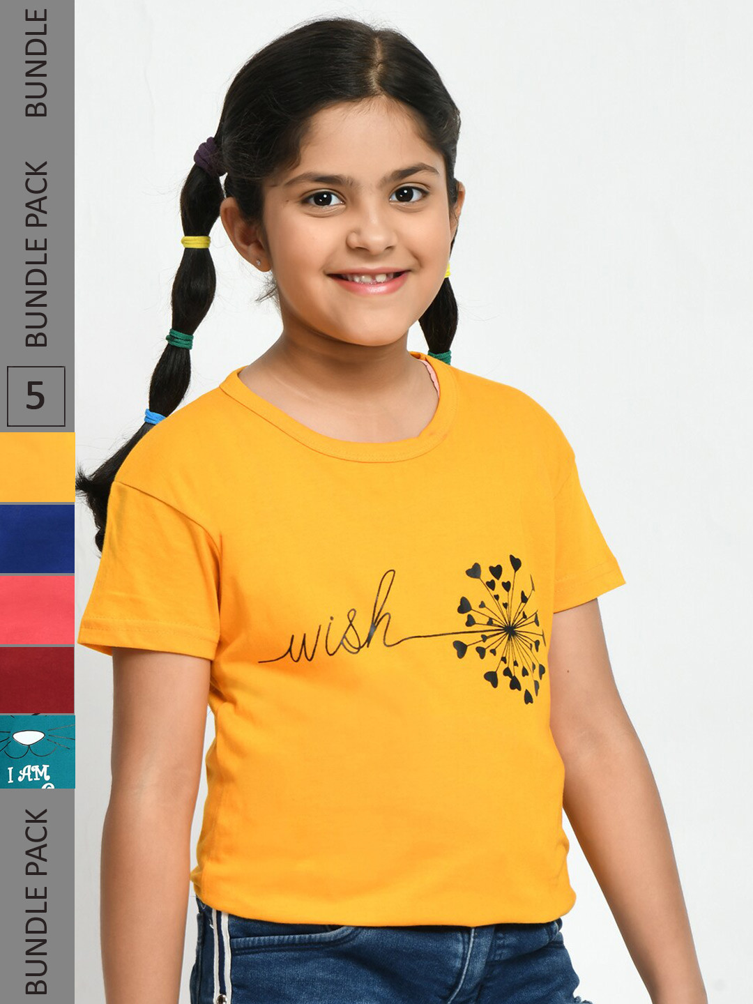 BAESD Girls Pack Of 5 Printed Round Neck Cotton T-shirts