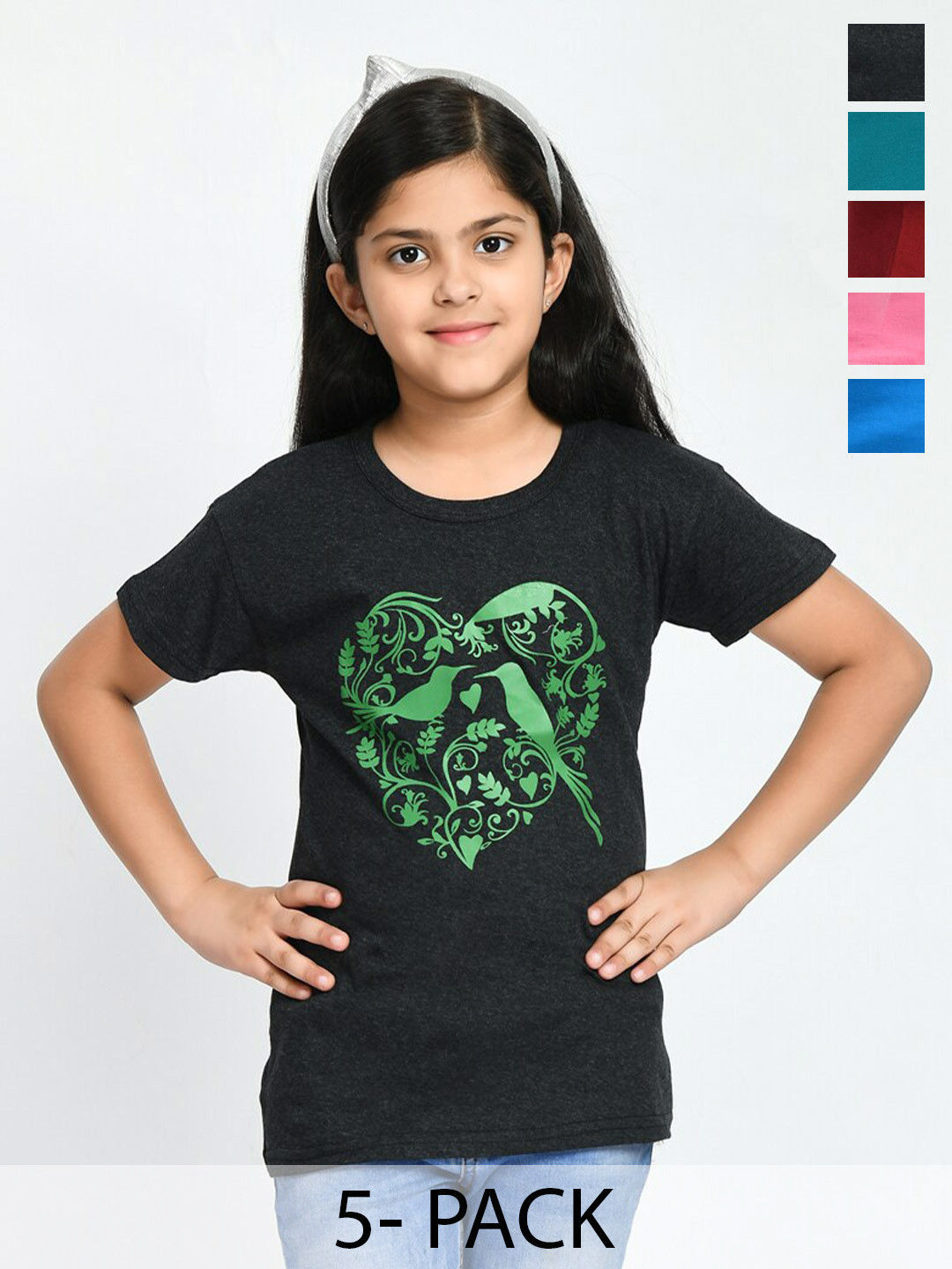 BAESD Girls Pack Of 5 Printed Cotton T-shirt