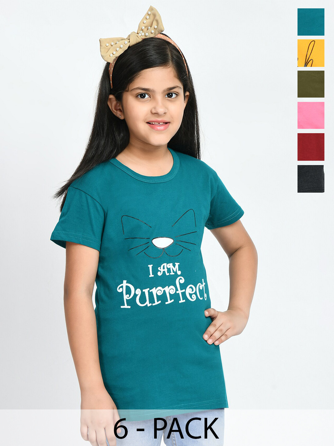 BAESD Girls Pack Of 6 Typography Printed Cotton T-shirt