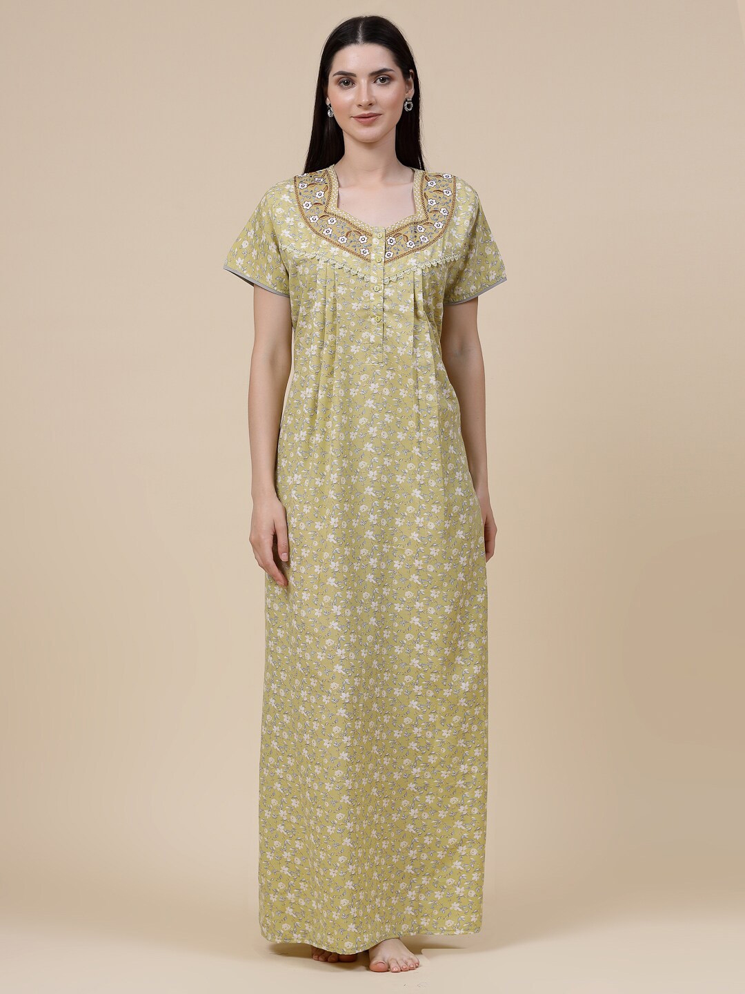 Buy Sweet Dreams Green Floral Printed Pure Cotton Maxi Nightdress