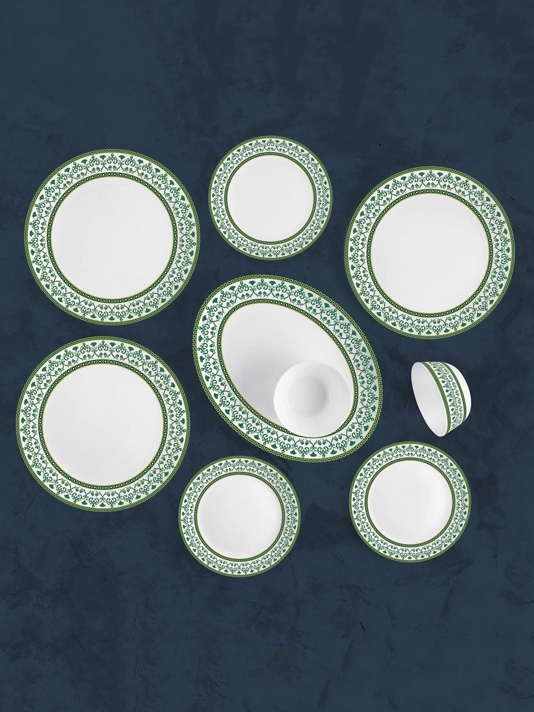 Cello Opalware Solitaire Verde White Ethnic Motifs Microwave Safe 33 Piece Dinner Set