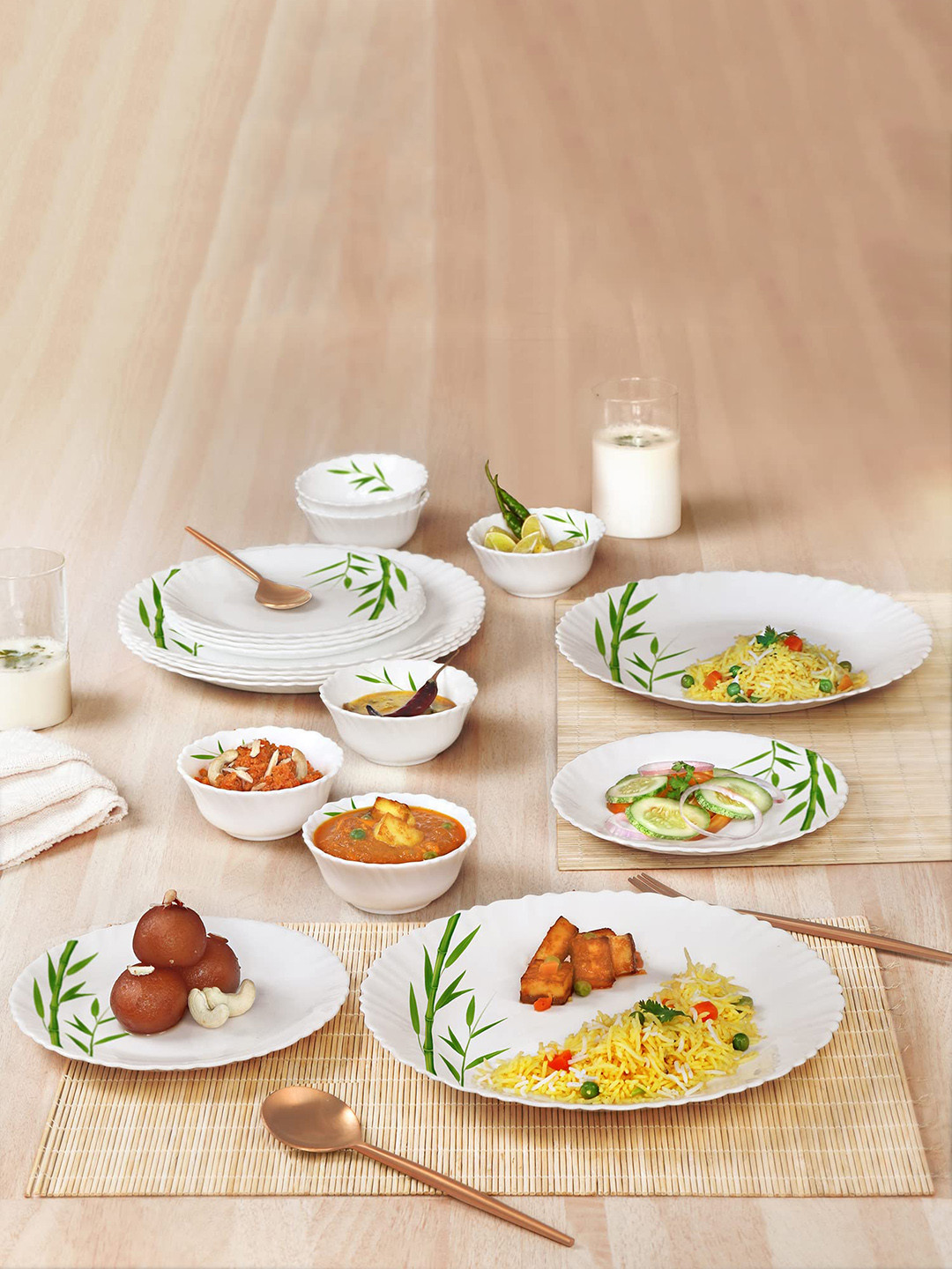 Cello Dazzle Set of 18 Microwave and Dishwasher Safe Bamboo Grove Opalware Dinner Set