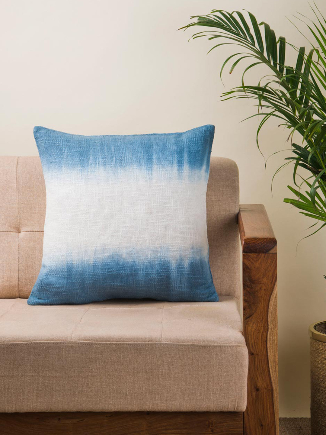 Fabindia Blue Colourblocked Cotton Breathable Square Cushion Cover -16x16In