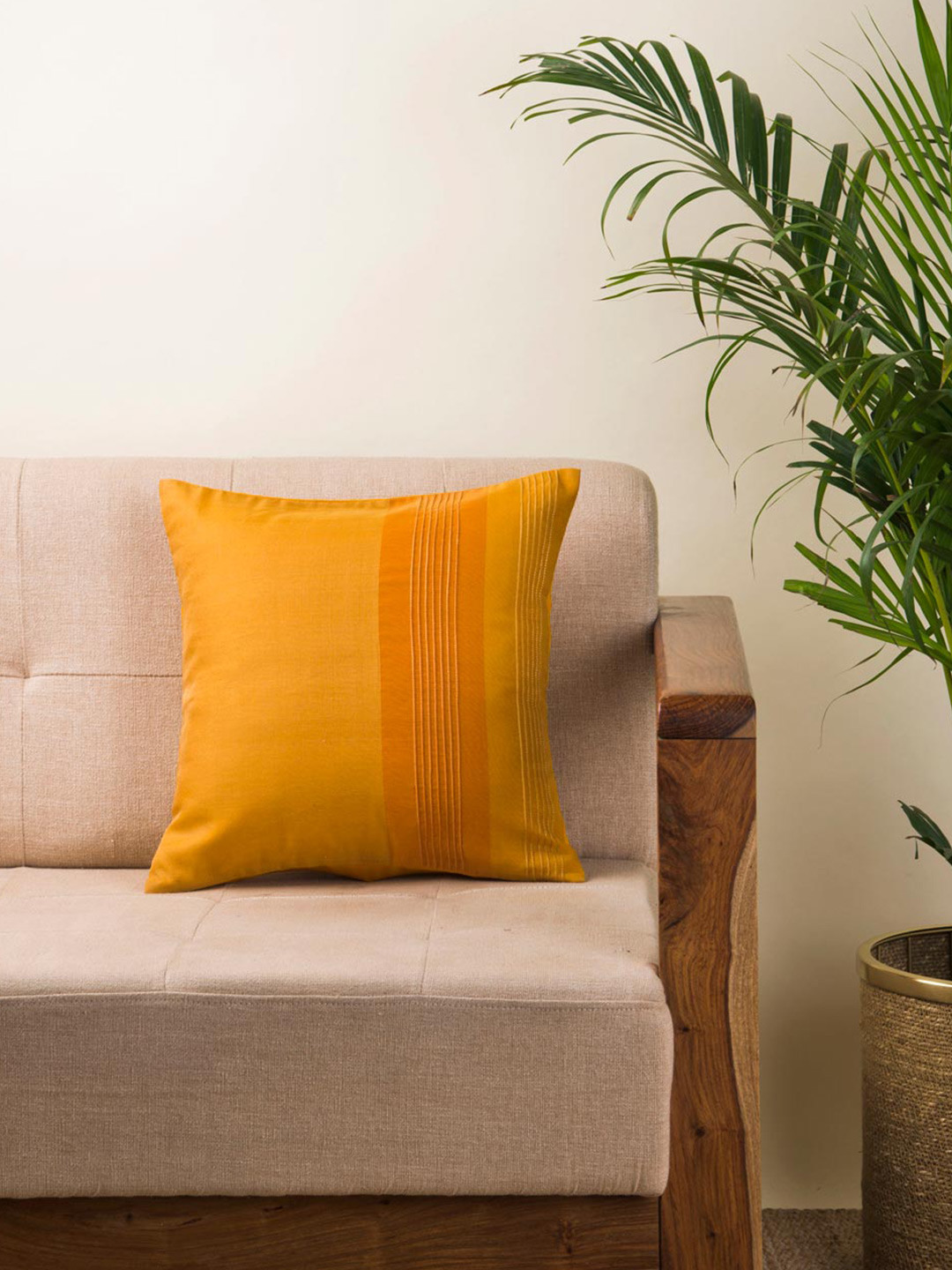 Fabindia Mustard Striped Cotton Silk Square Cushion Cover