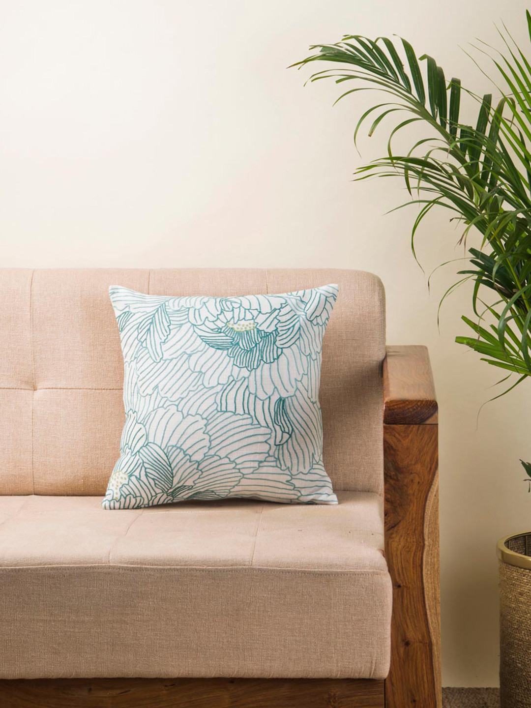 Fabindia Magnolia White Embroidered Cotton Lightweight Square Cushion Covers - 12 x 12 In