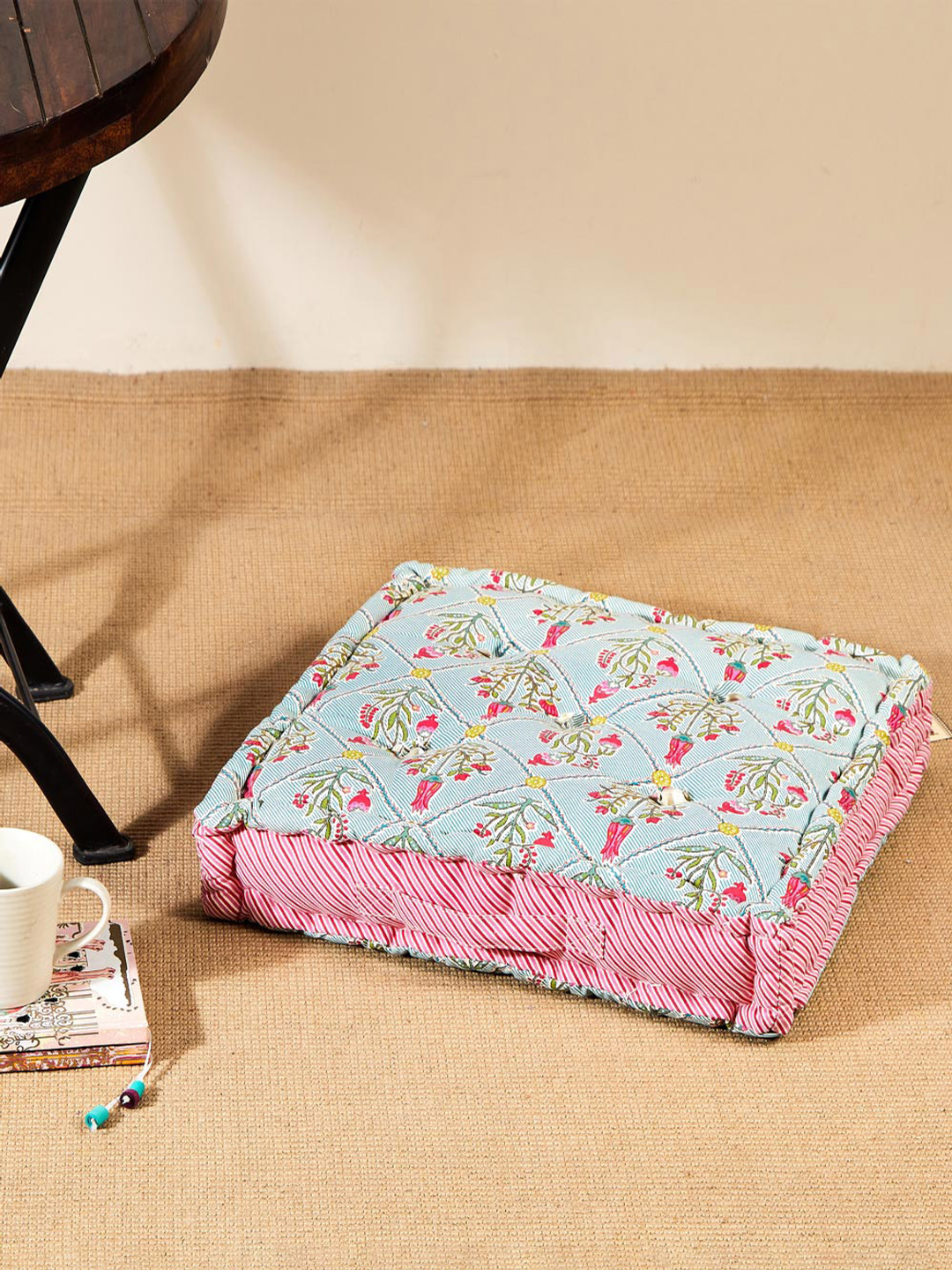 Fabindia Blue & Pink Floral Printed Square Floor Cushion