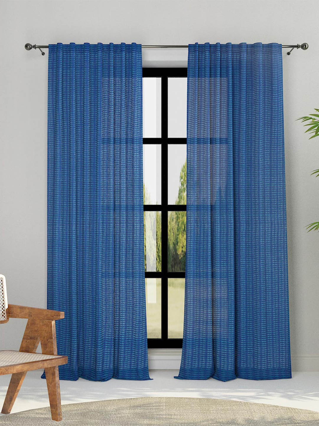 Fabindia Deepali Blue Striped Cotton Room Darkening Long Door Curtain