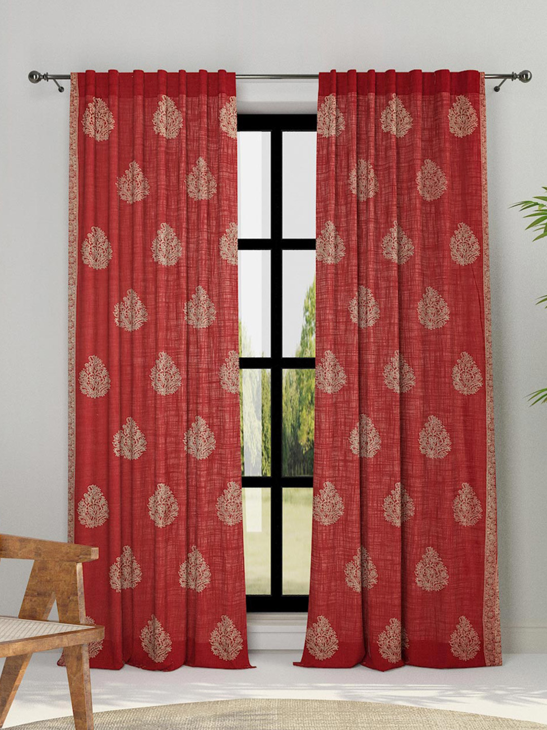 Fabindia Red & Gold-Toned Ethnic Motifs Sheer Cotton Long Door Curtain